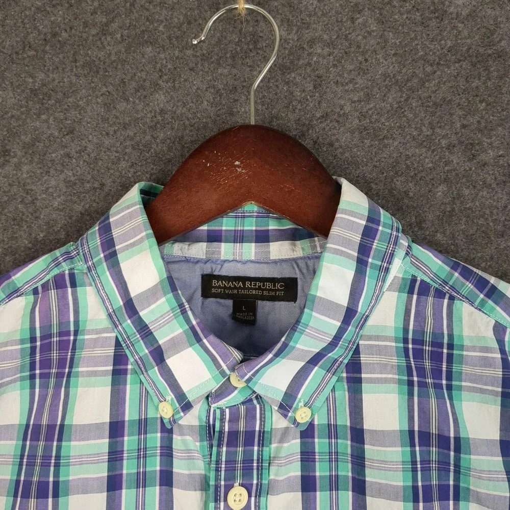 Banana Republic Mens Large Soft Wash Tailored Slim Fit Plaid‎ Button Down Shirt